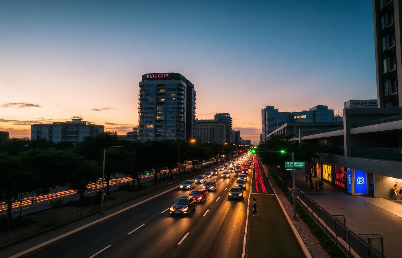 Avenida movimentada ao entardecer com rastros de luz dos carros