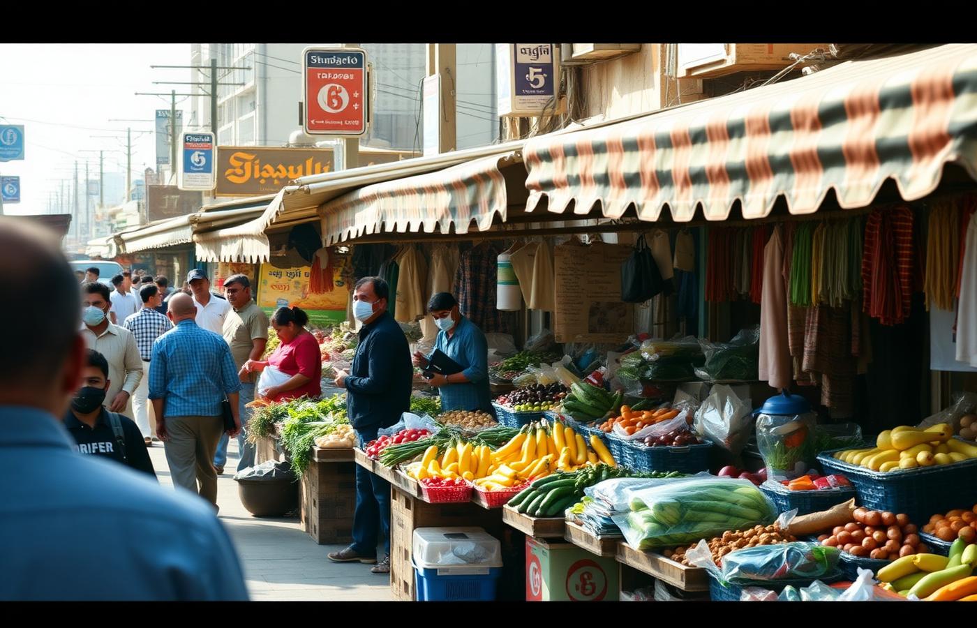 Banca de feira com frutas, verduras e clientes circulando