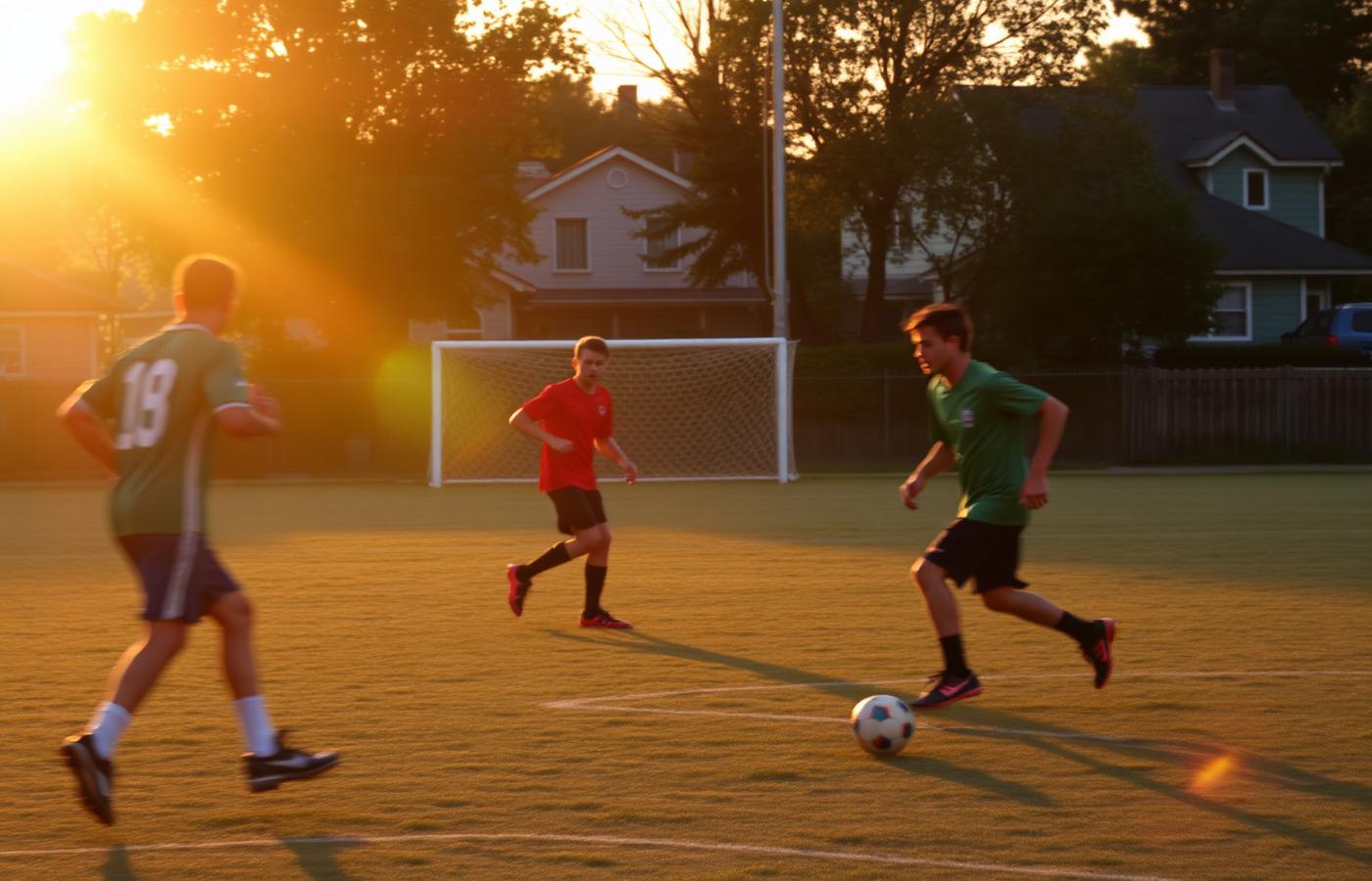 Jogadores disputando partida de futebol em campo de bairro ao pôr do sol