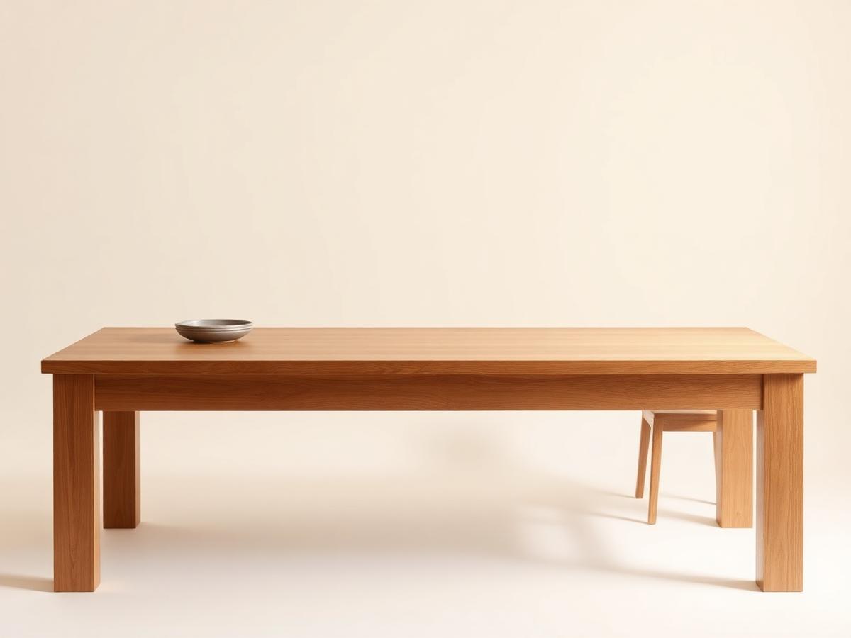 Mesa de jantar de madeira clara em fundo neutro